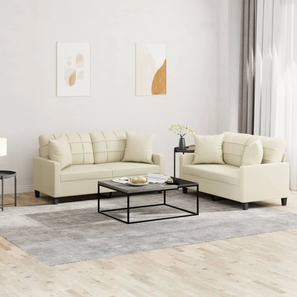 Sofa Sofos komplektas su pagalvėmis, 2 dalių, kreminis, dirbtinė oda