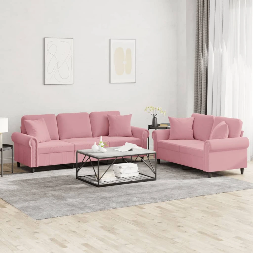 Sofa Sofos komplektas su pagalvėmis, 2 dalių, rožinis, aksomas