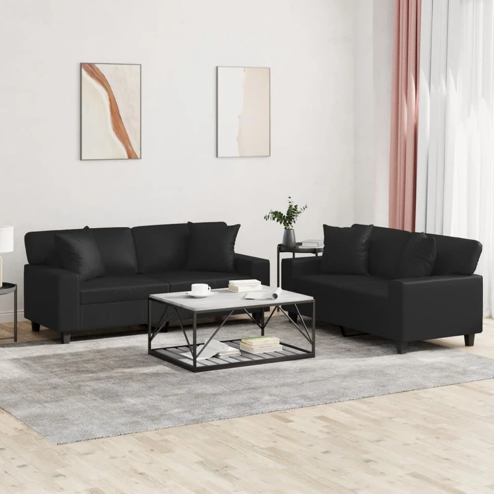 Sofa Sofos komplektas su pagalvėmis, 2 dalių, juodas, dirbtinė oda