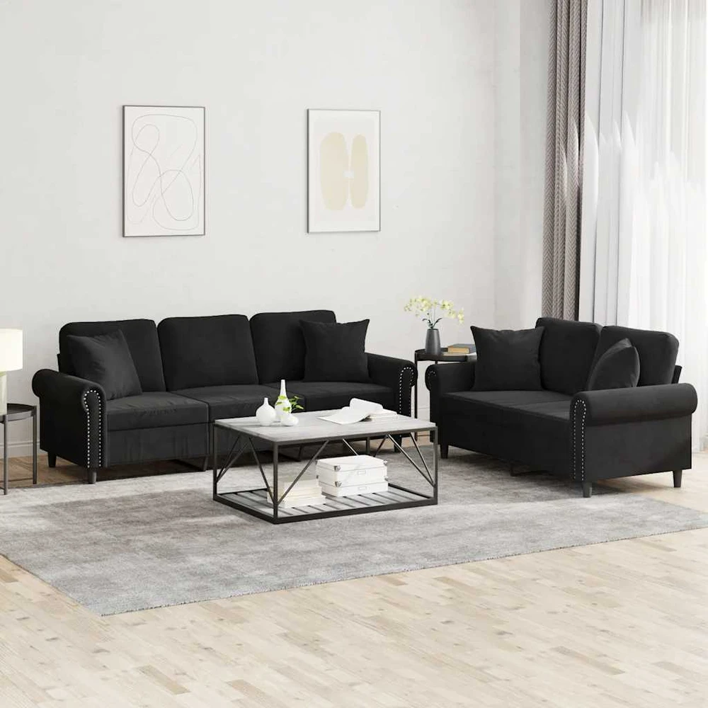Sofa Sofos komplektas su pagalvėmis, 2 dalių, juodas, aksomas