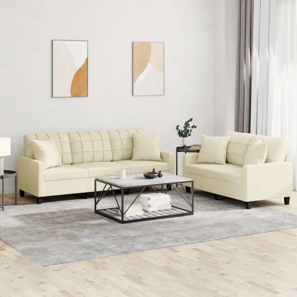 Sofa Sofos komplektas su pagalvėmis, 2 dalių, kreminis, dirbtinė oda