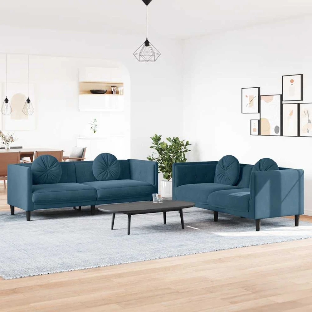 Sofa Sofos komplektas su pagalvėmis, 2 dalių, mėlynas, aksomas