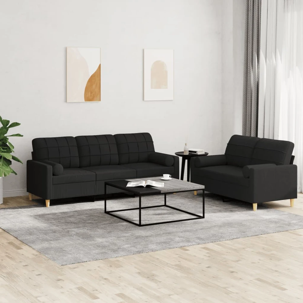 Sofa Sofos komplektas su pagalvėmis, 2 dalių, juodas, audinys