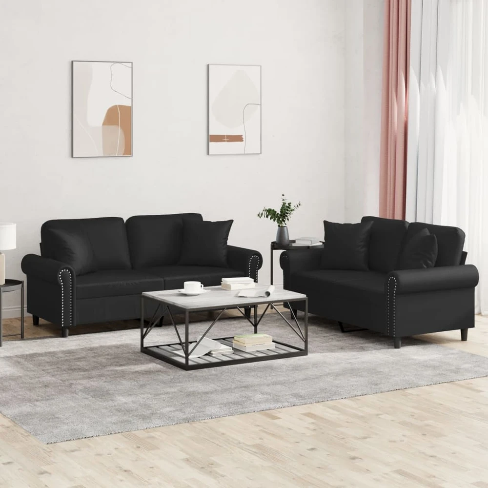 Sofa Sofos komplektas su pagalvėmis, 2 dalių, juodas, dirbtinė oda