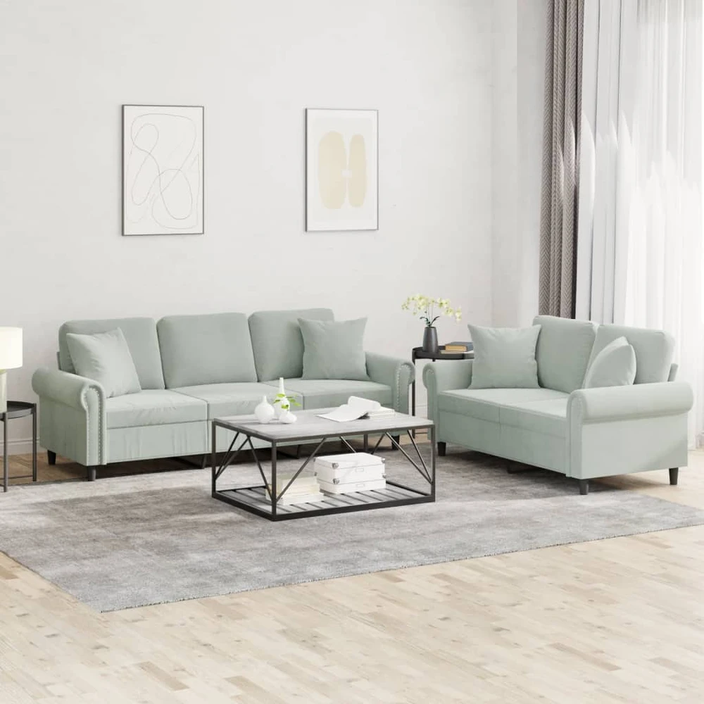 Sofa Sofos komplektas su pagalvėmis, 2 dalių, pilkas, aksomas