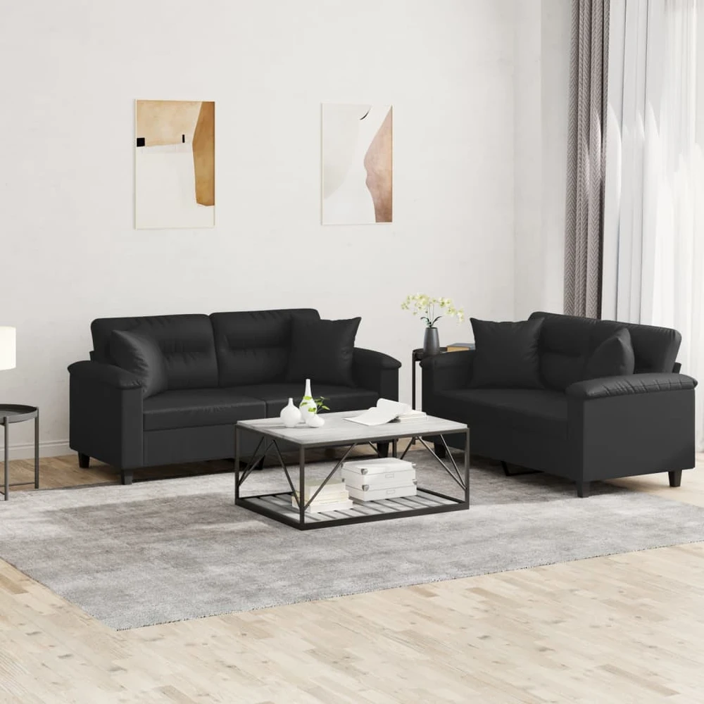 Sofa Sofos komplektas su pagalvėmis, 2 dalių, juodas, dirbtinė oda