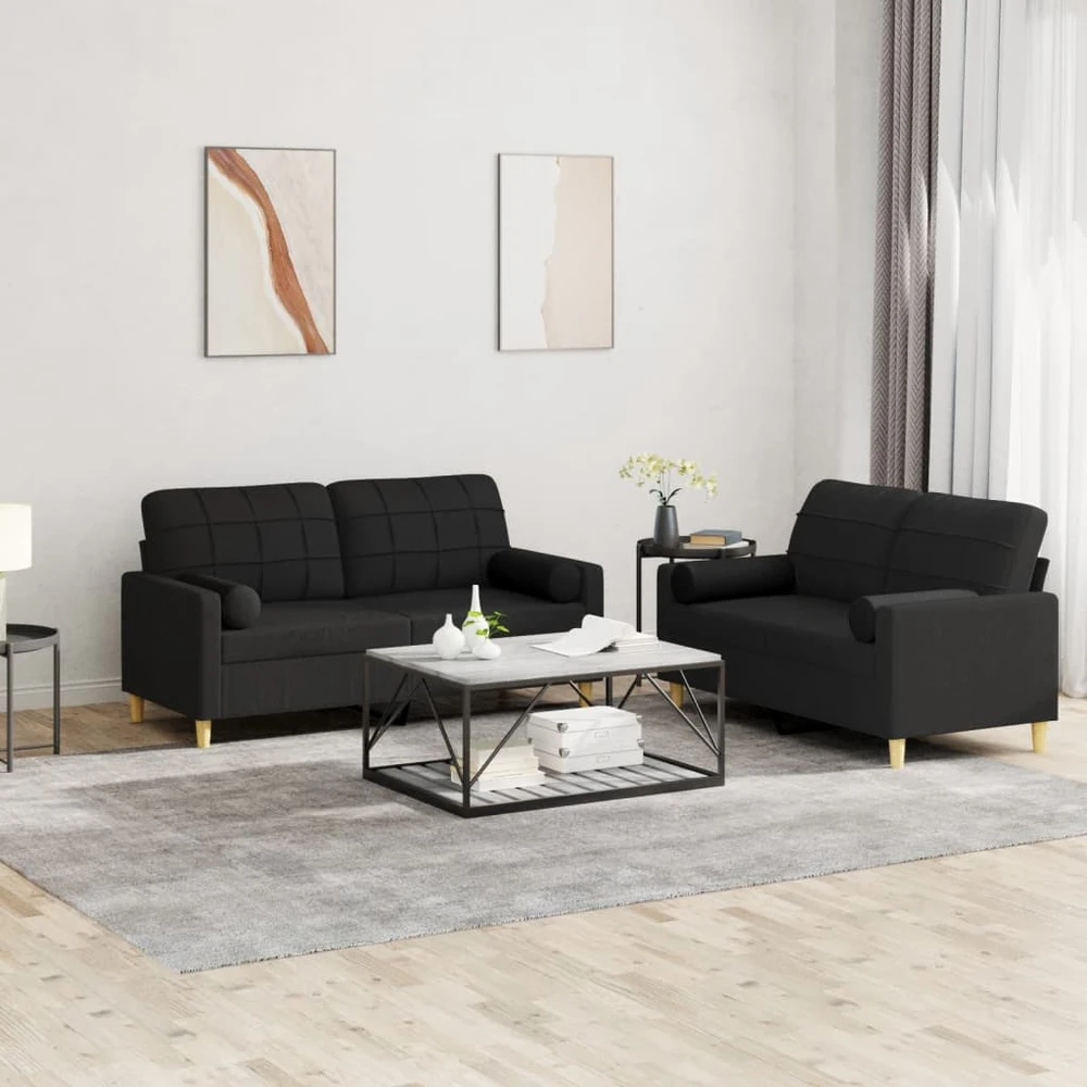 Sofa Sofos komplektas su pagalvėmis, 2 dalių, juodas, audinys