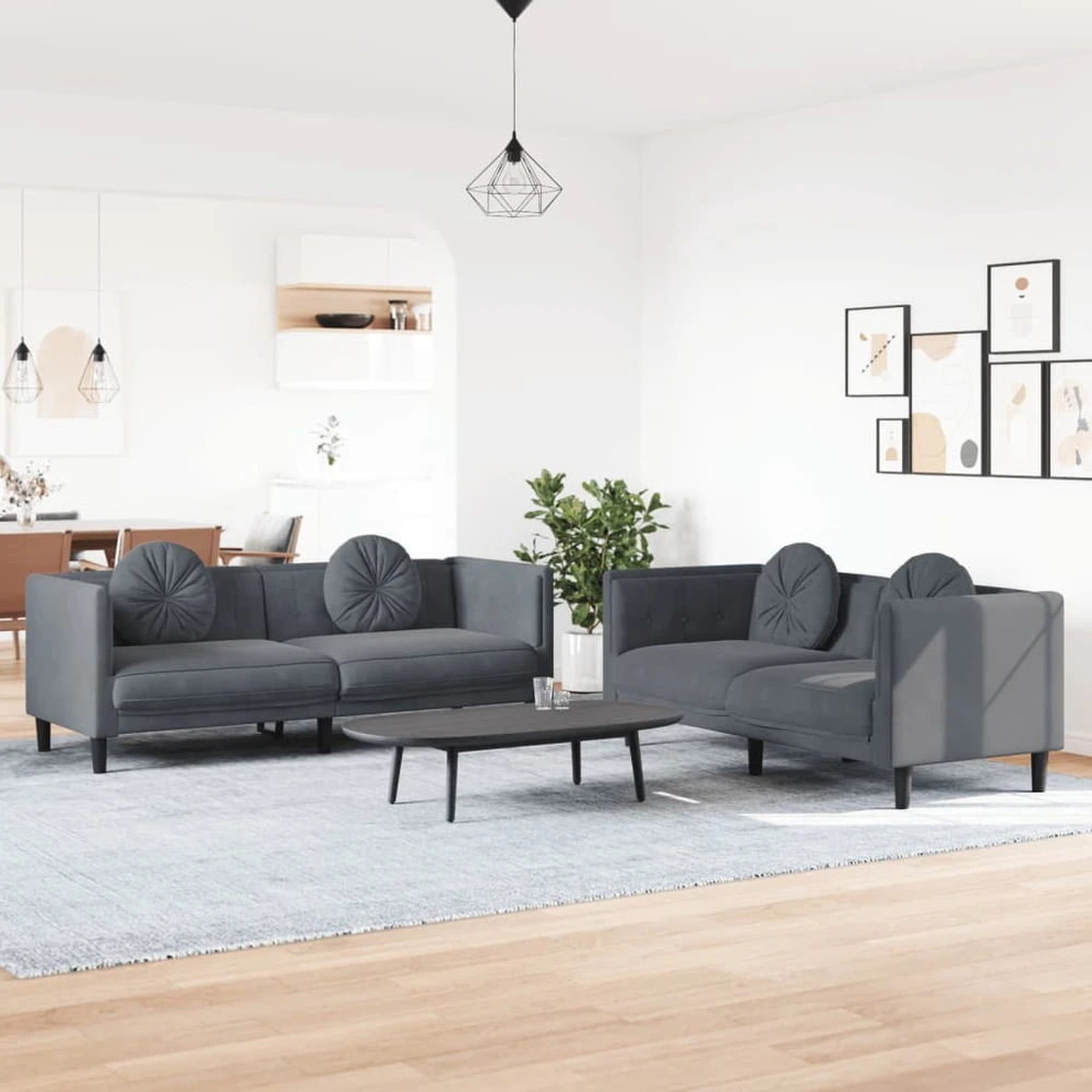 Sofa Sofos komplektas su pagalvėmis, 2 dalių, pilkas, aksomas