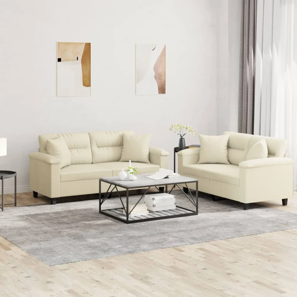 Sofa Sofos komplektas su pagalvėmis, 2 dalių, kreminis, dirbtinė oda