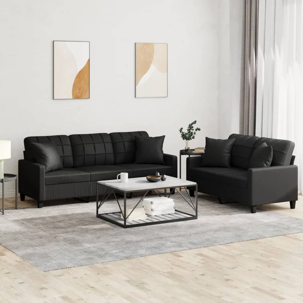Sofa Sofos komplektas su pagalvėmis, 2 dalių, juodas, dirbtinė oda