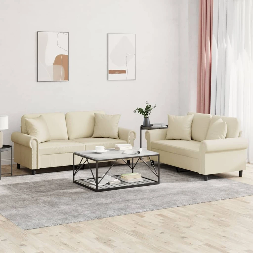 Sofa Sofos komplektas su pagalvėmis, 2 dalių, kreminis, dirbtinė oda