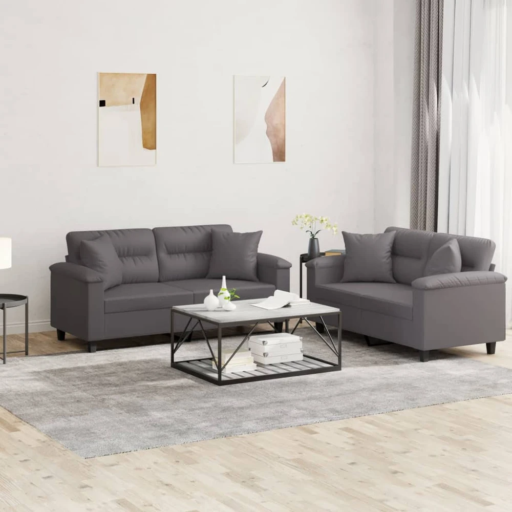 Sofa Sofos komplektas su pagalvėmis, 2 dalių, pilkas, dirbtinė oda