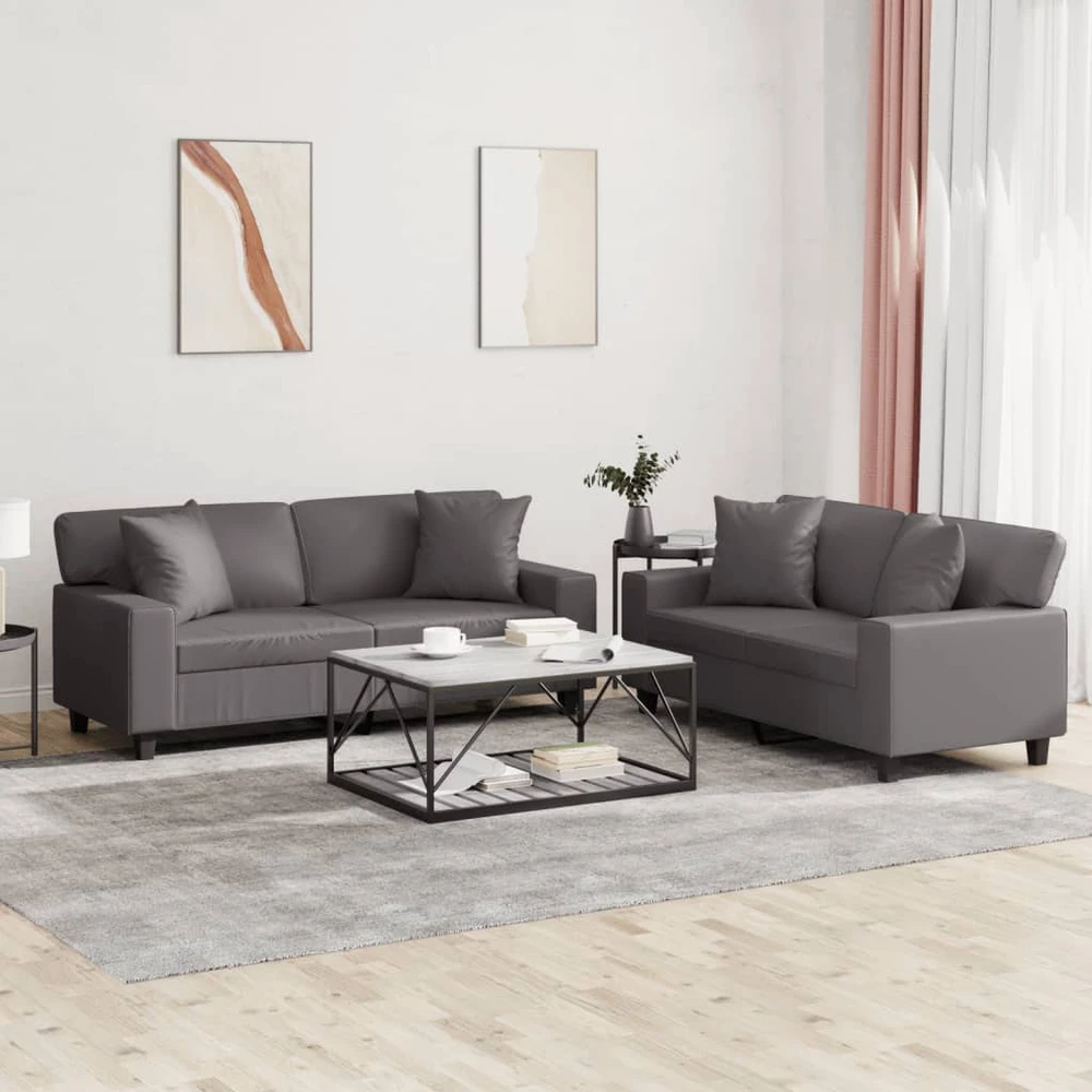 Sofa Sofos komplektas su pagalvėmis, 2 dalių, pilkas, dirbtinė oda