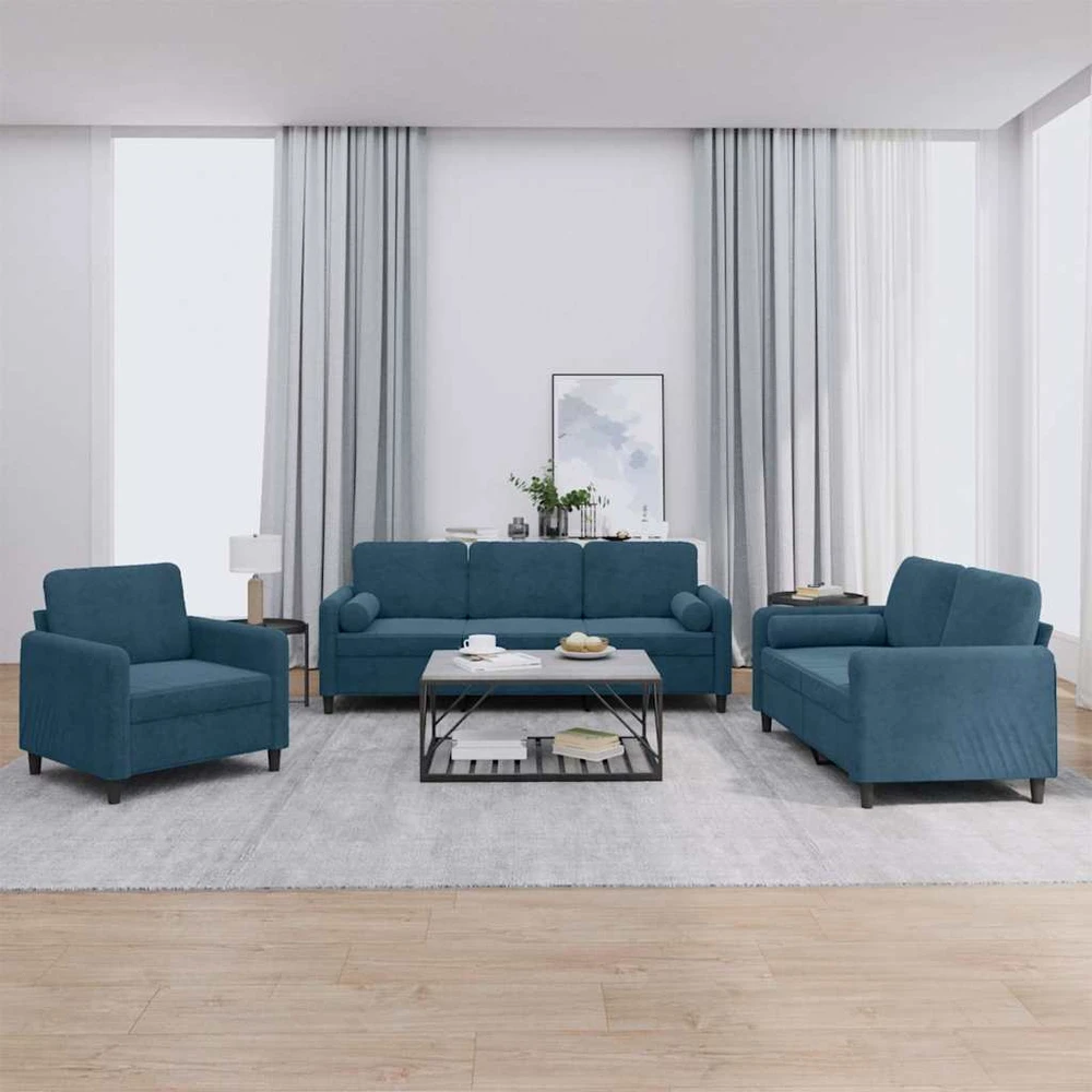 Sofa Sofos komplektas su pagalvėmis, 3 dalių, mėlynas, aksomas