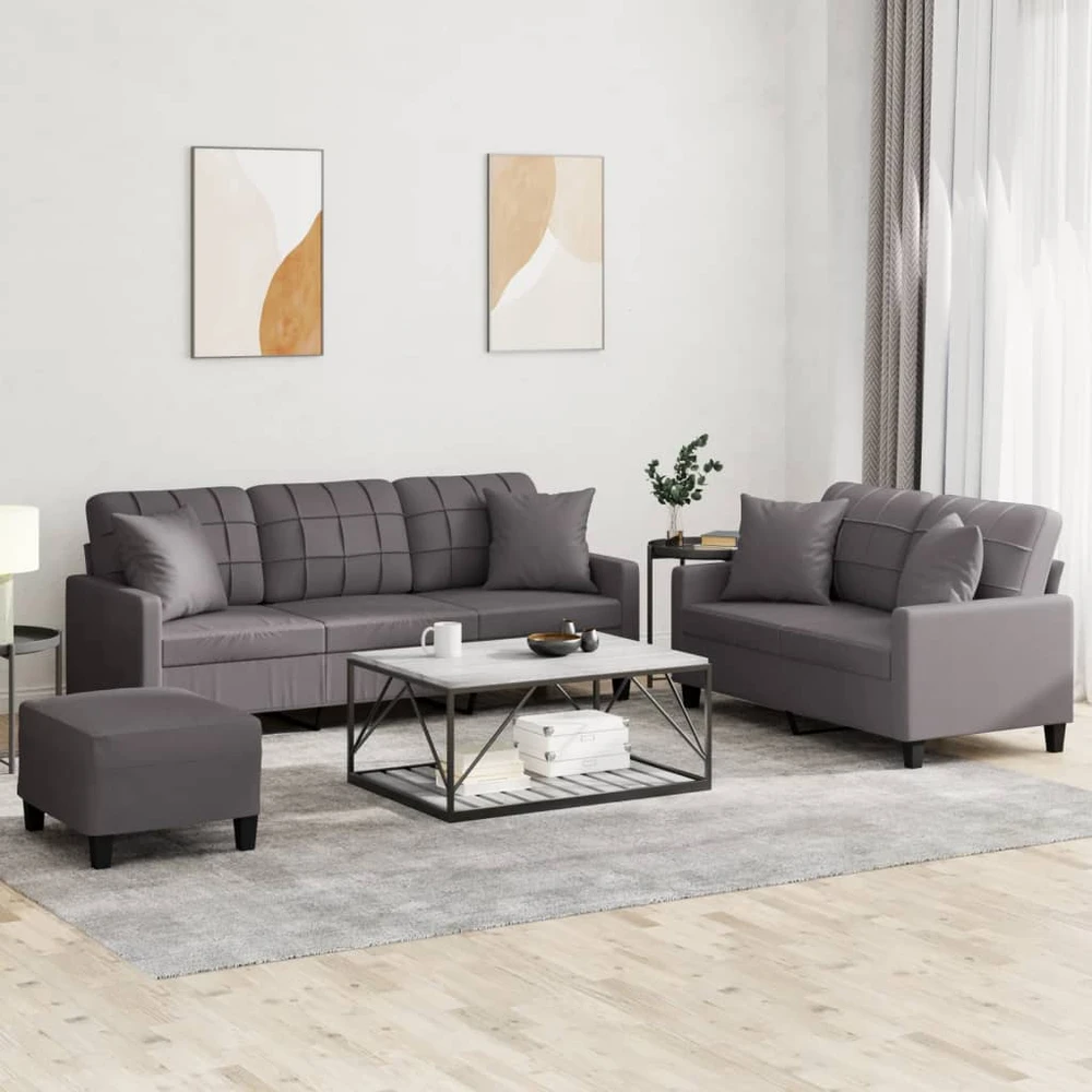 Sofa Sofos komplektas su pagalvėmis, 3 dalių, pilkas, dirbtinė oda