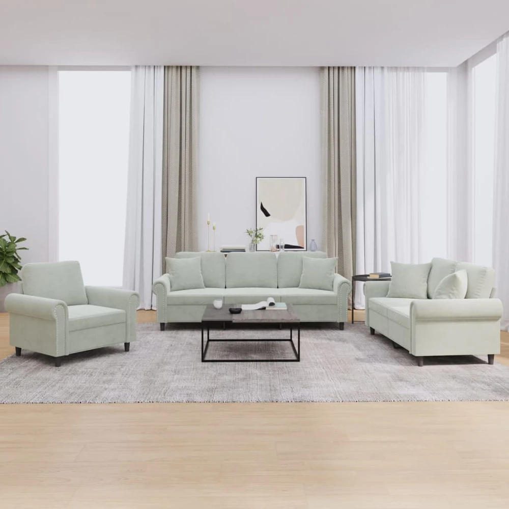Sofa Sofos komplektas su pagalvėmis, 3 dalių, pilkas, aksomas