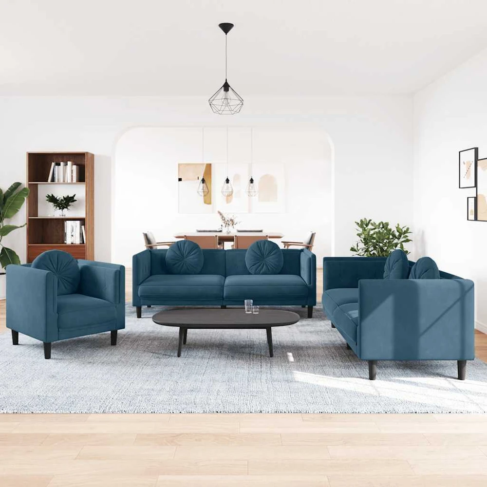 Sofa Sofos komplektas su pagalvėmis, 3 dalių, mėlynas, aksomas