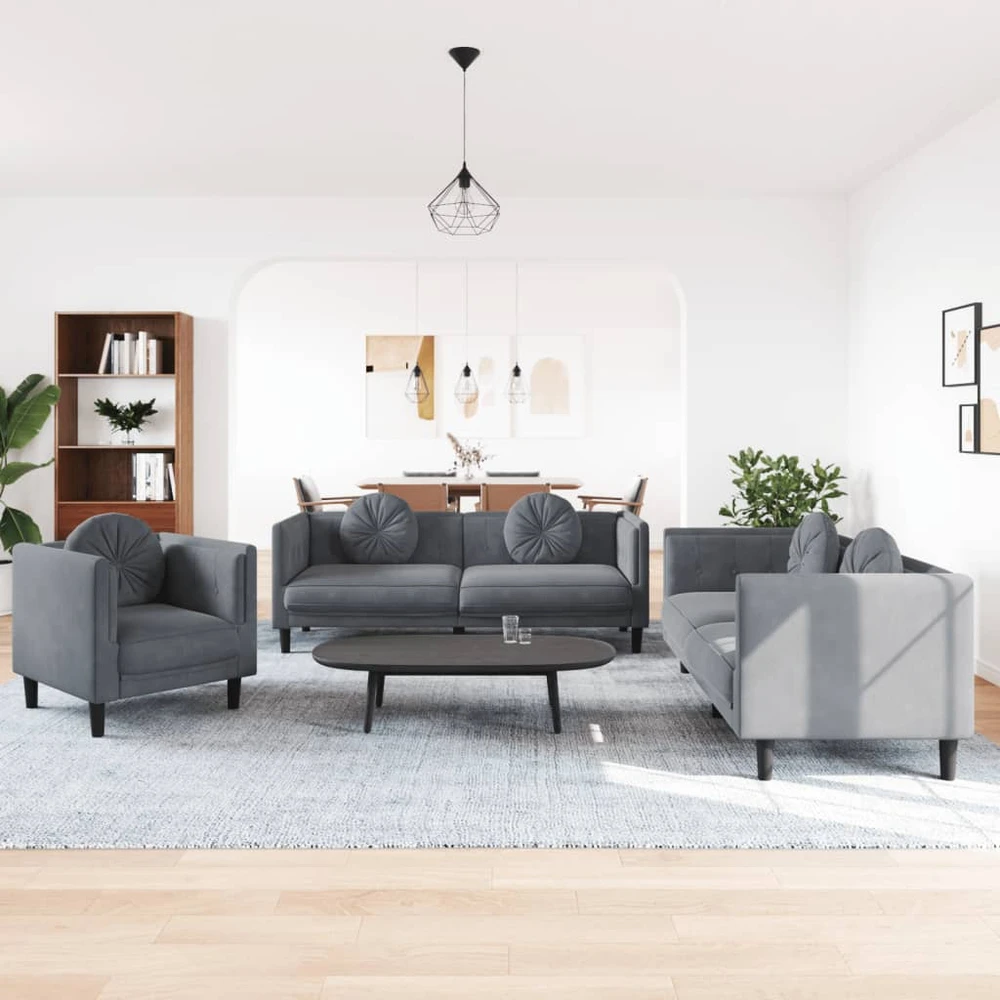 Sofa Sofos komplektas su pagalvėmis, 3 dalių, pilkas, aksomas