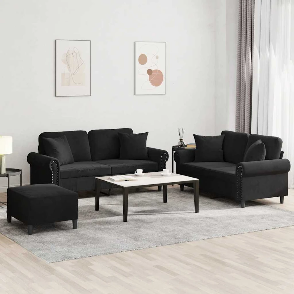 Sofa Sofos komplektas su pagalvėmis, 3 dalių, juodas, aksomas