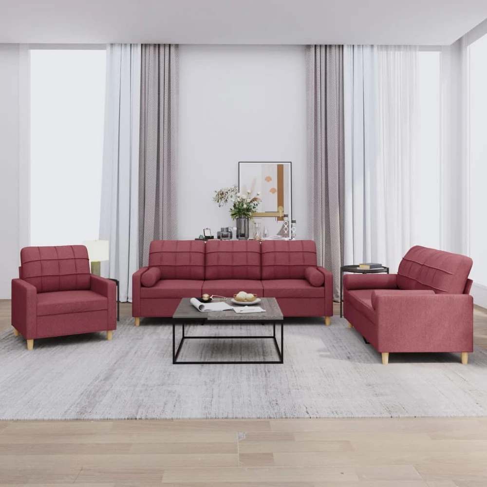 Sofa Sofos komplektas su pagalvėmis, 3 dalių, vyno, audinys