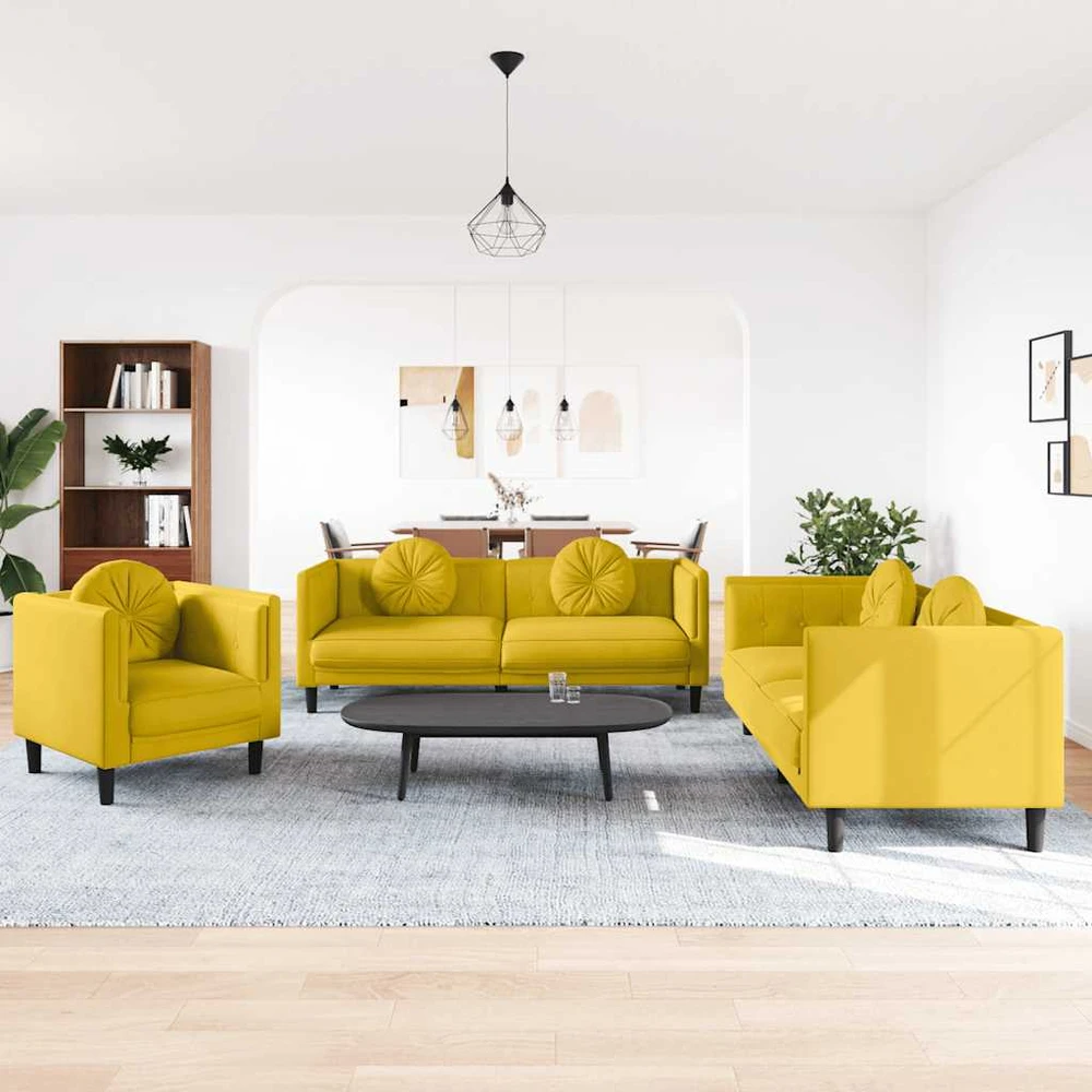 Sofa Sofos komplektas su pagalvėmis, 3 dalių, geltonas, aksomas