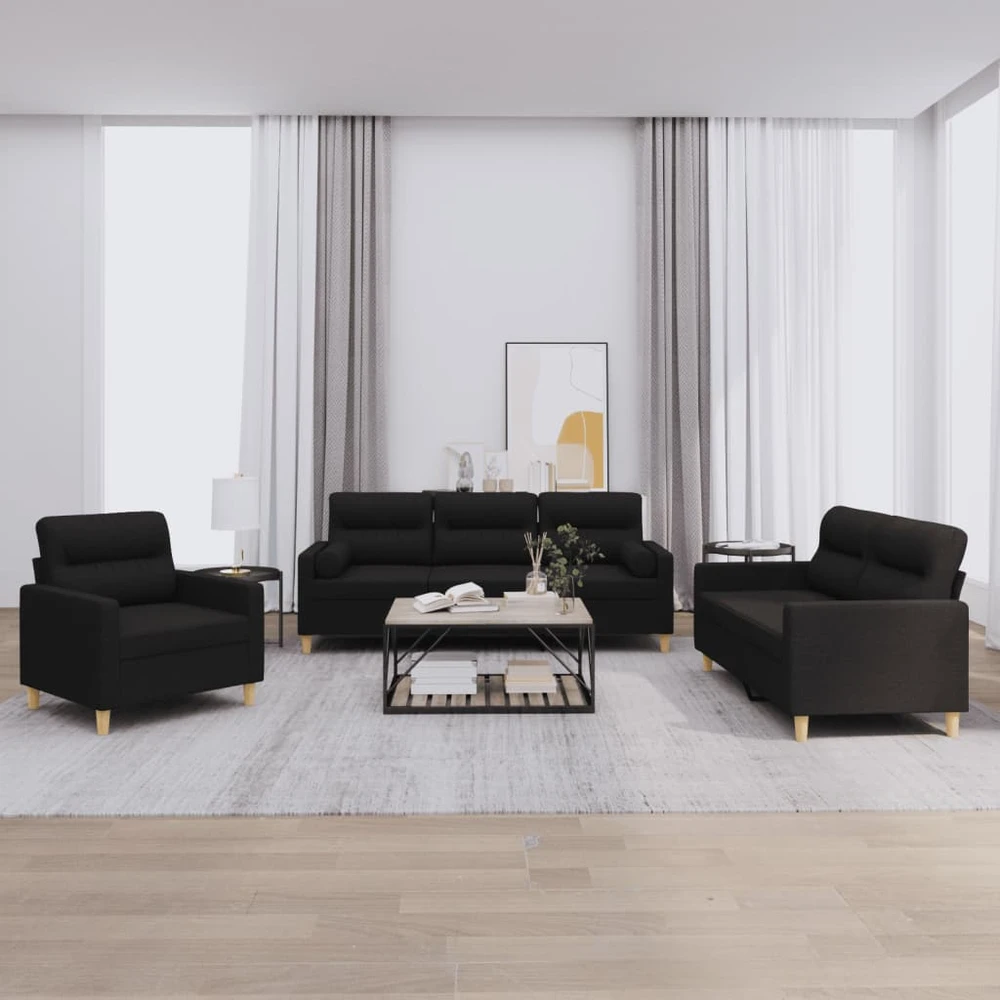 Sofa Sofos komplektas su pagalvėmis, 3 dalių, juodas, audinys