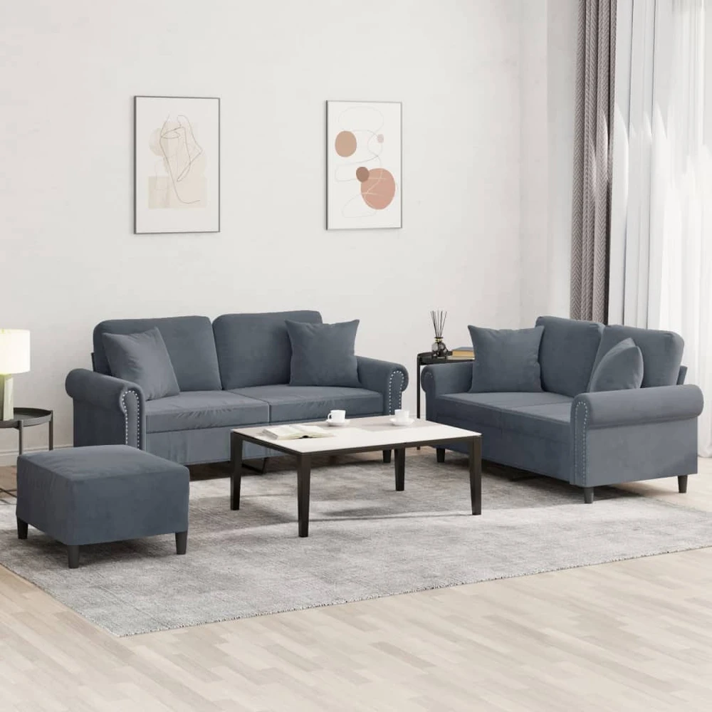 Sofa Sofos komplektas su pagalvėmis, 3 dalių, pilkas, aksomas