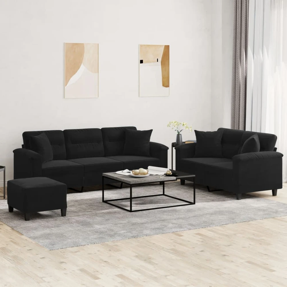 Sofa Sofos komplektas su pagalvėmis, 3 dalių, juodas, audinys
