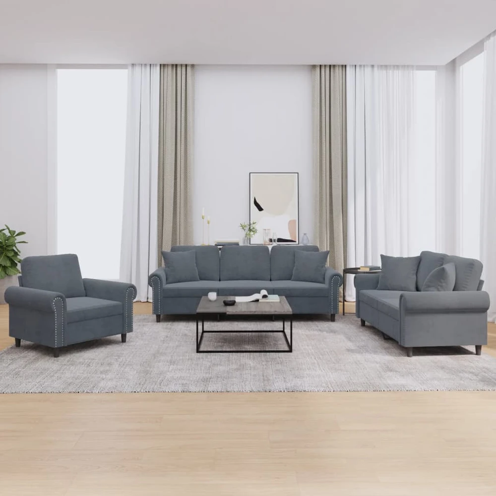 Sofa Sofos komplektas su pagalvėmis, 3 dalių, pilkas, aksomas