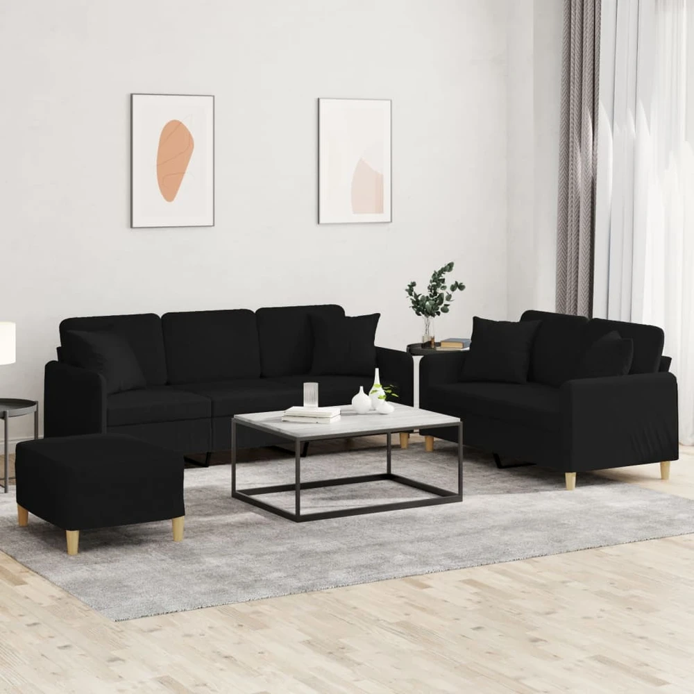 Sofa Sofos komplektas su pagalvėmis, 3 dalių, juodas, audinys