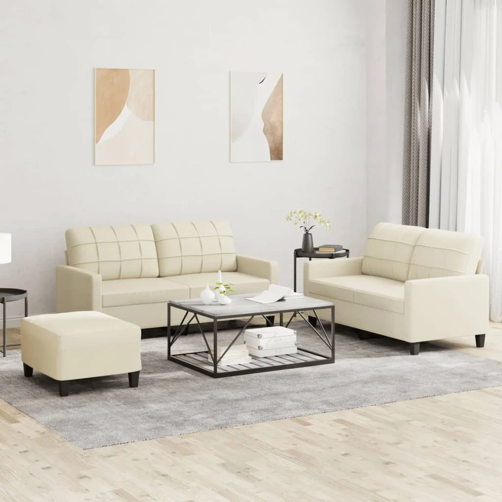 Sofa Sofos komplektas su pagalvėmis, 3 dalių, kreminis, dirbtinė oda
