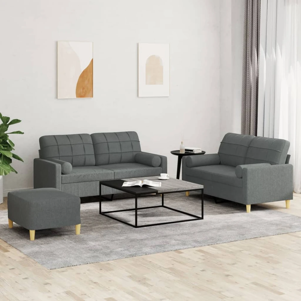 Sofa Sofos komplektas su pagalvėmis, 3 dalių, pilkas, audinys