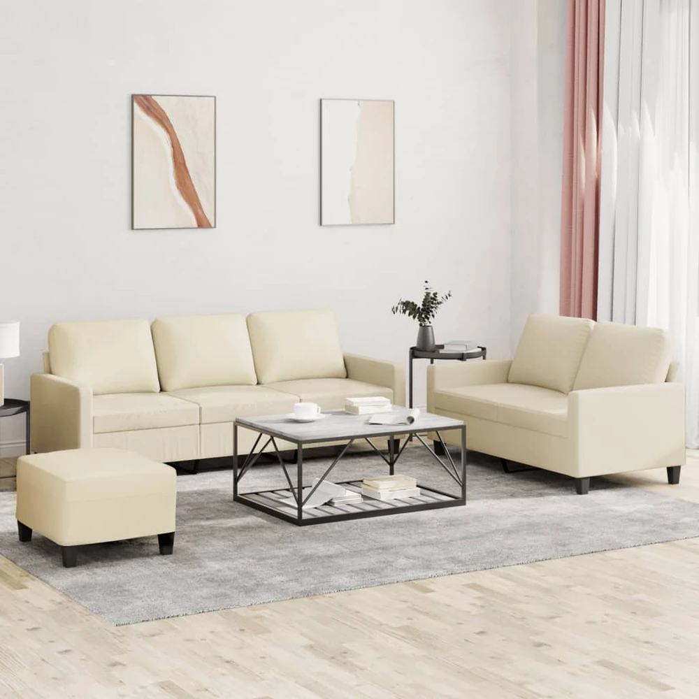 Sofa Sofos komplektas su pagalvėmis, 3 dalių, kreminis, dirbtinė oda