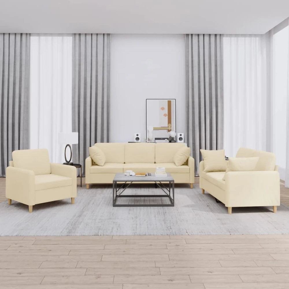 Sofa Sofos komplektas su pagalvėmis, 3 dalių, kreminis, audinys