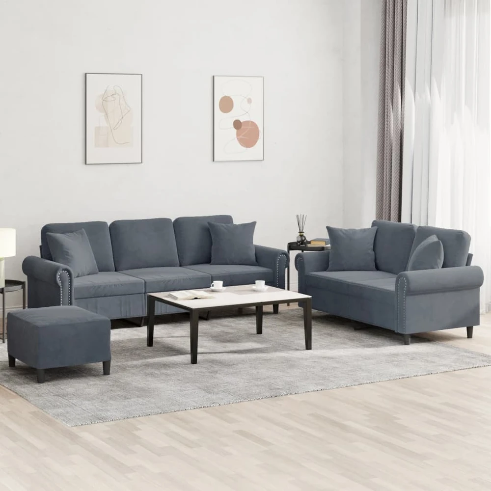 Sofa Sofos komplektas su pagalvėmis, 3 dalių, pilkas, aksomas