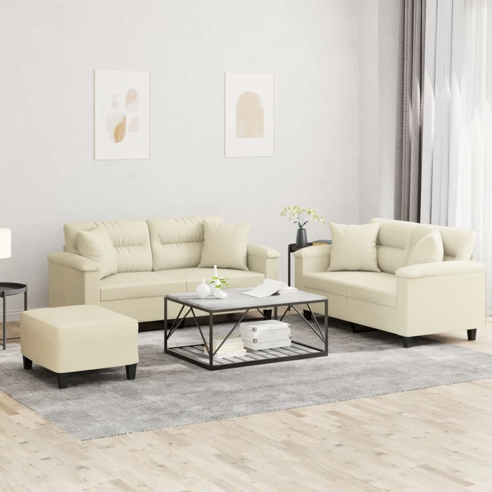 Sofa Sofos komplektas su pagalvėmis, 3 dalių, kreminis, dirbtinė oda