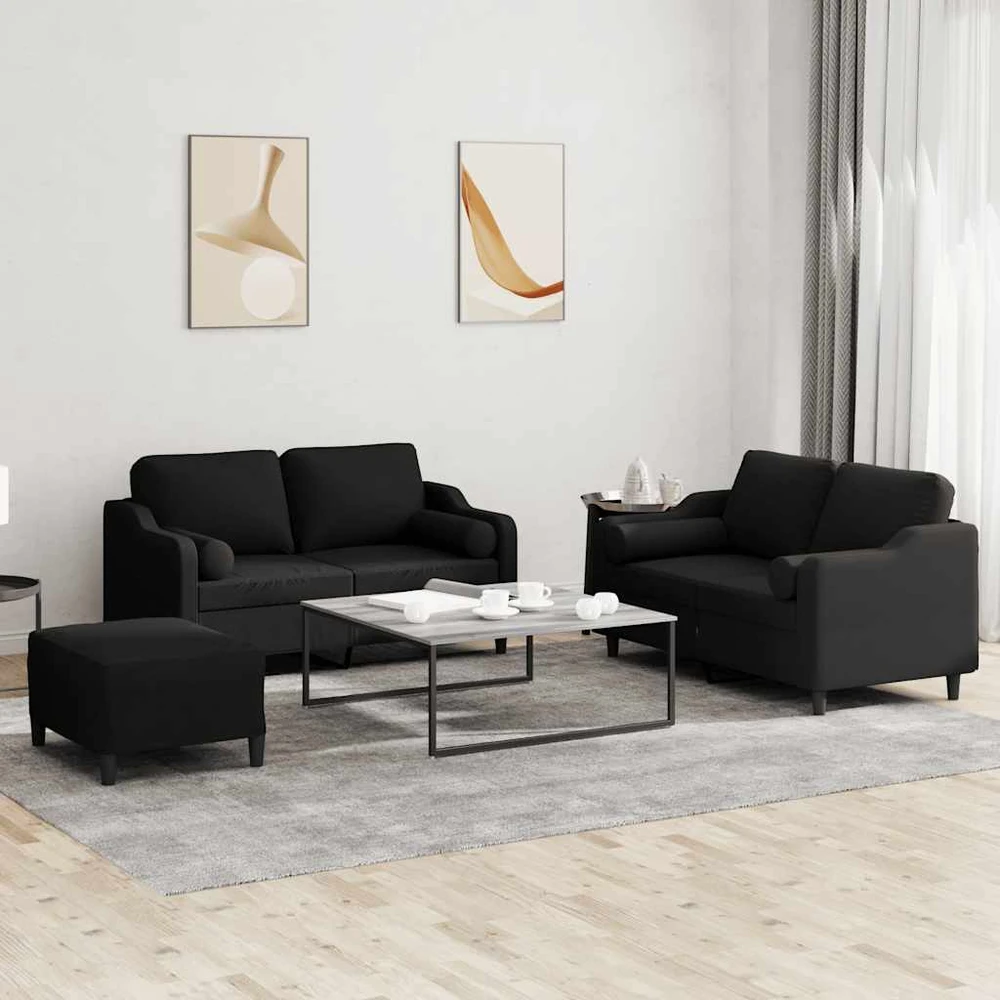 Sofa Sofos komplektas su pagalvėmis, 3 dalių, juodas, audinys