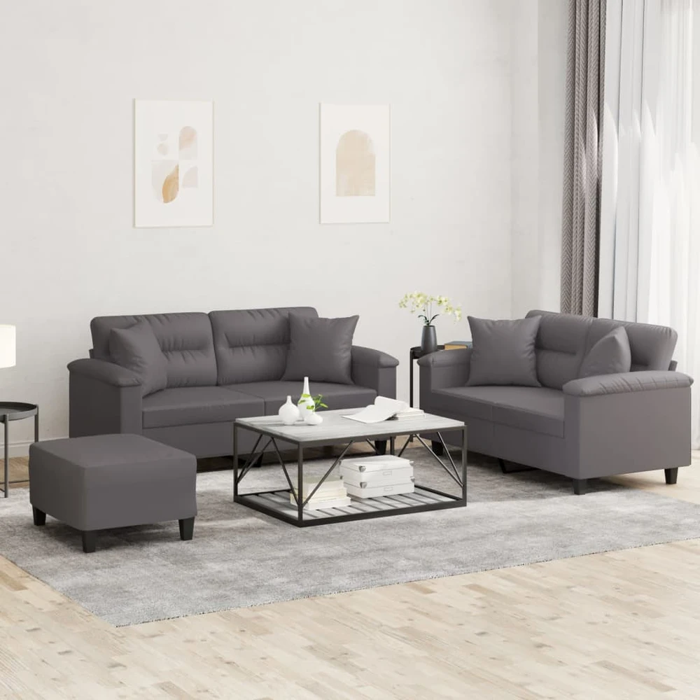 Sofa Sofos komplektas su pagalvėmis, 3 dalių, pilkas, dirbtinė oda