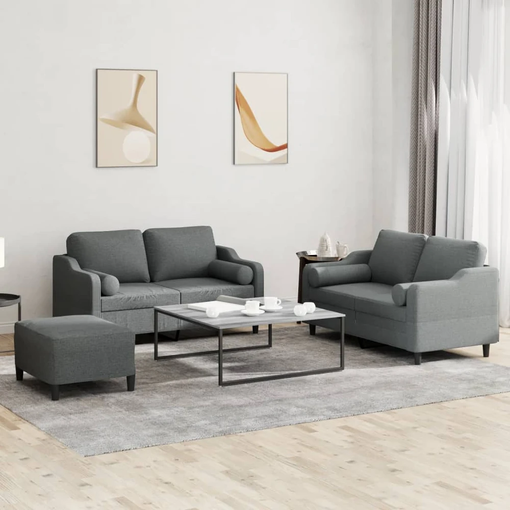 Sofa Sofos komplektas su pagalvėmis, 3 dalių, pilkas, audinys