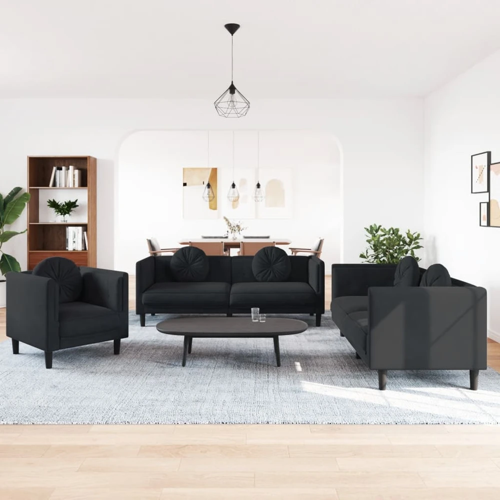 Sofa Sofos komplektas su pagalvėmis, 3 dalių, juodas, aksomas