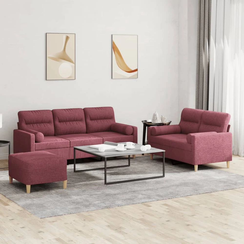 Sofa Sofos komplektas su pagalvėmis, 3 dalių, vyno, audinys