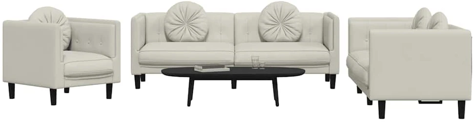 Sofa Sofos komplektas su pagalvėmis, 3 dalių, kreminis, aksomas