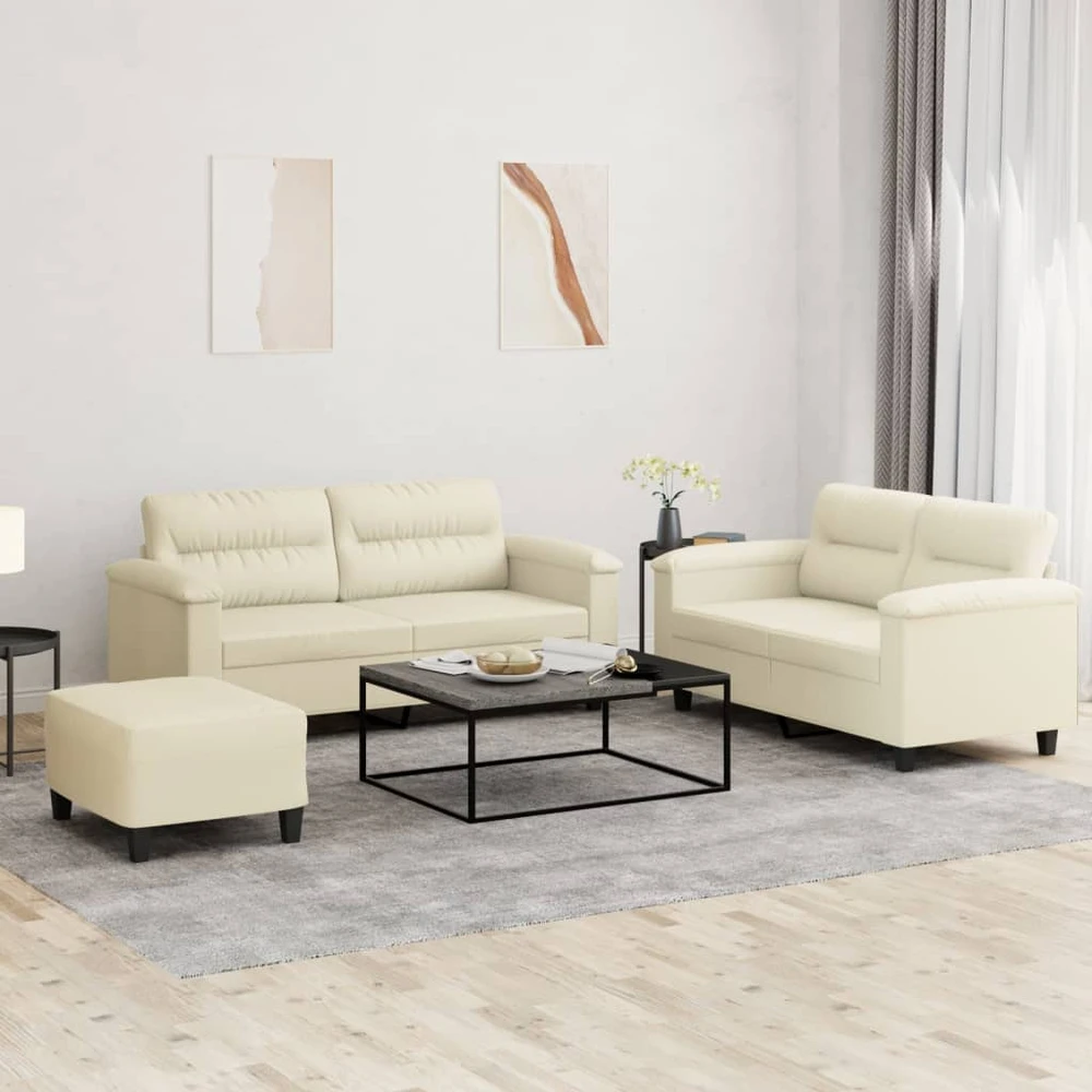 Sofa Sofos komplektas su pagalvėmis, 3 dalių, kreminis, dirbtinė oda