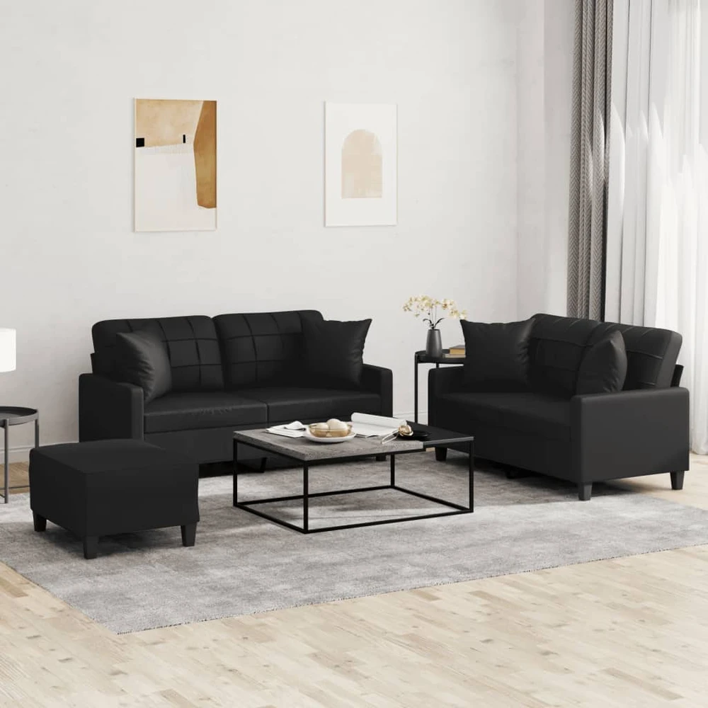 Sofa Sofos komplektas su pagalvėmis, 3 dalių, juodas, dirbtinė oda