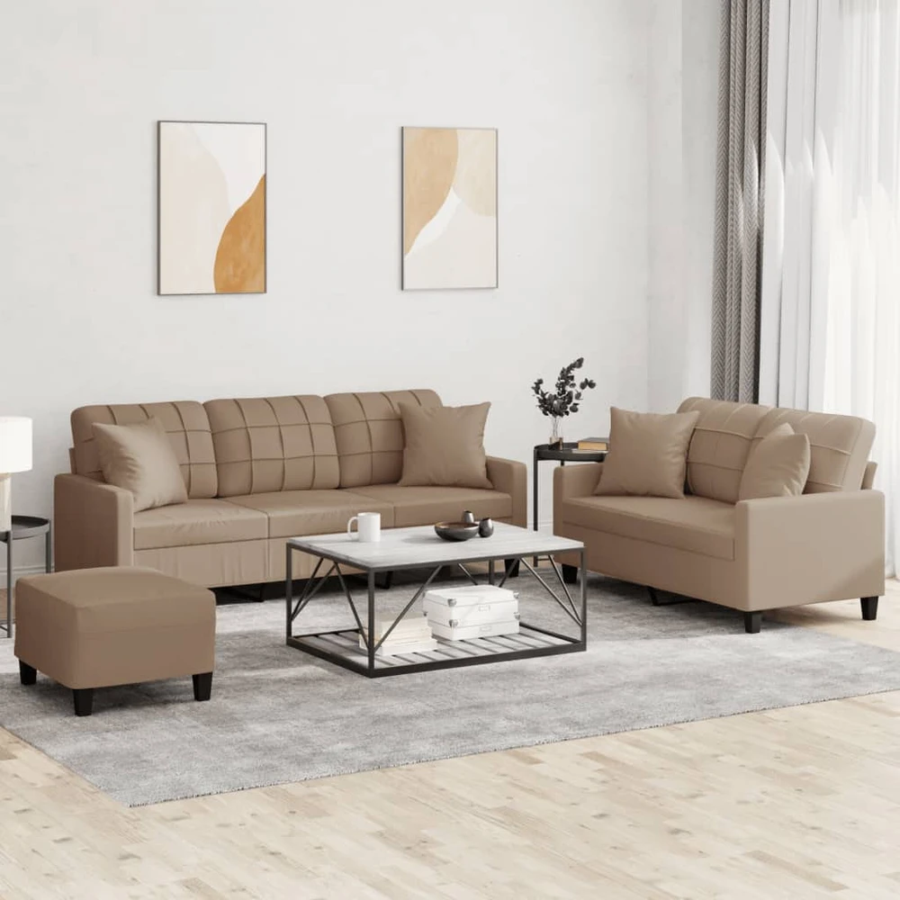 Sofa Sofos komplektas su pagalvėmis, 3 dalių, kapučino, dirbtinė oda