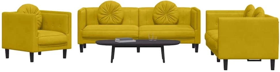 Sofa Sofos komplektas su pagalvėmis, 3 dalių, geltonas, aksomas