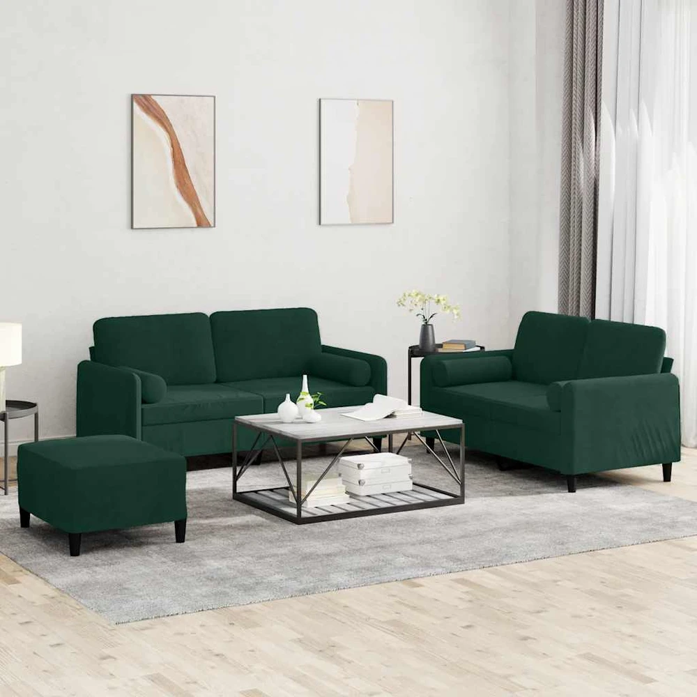 Sofa Sofos komplektas su pagalvėmis, 3 dalių, žalias, aksomas