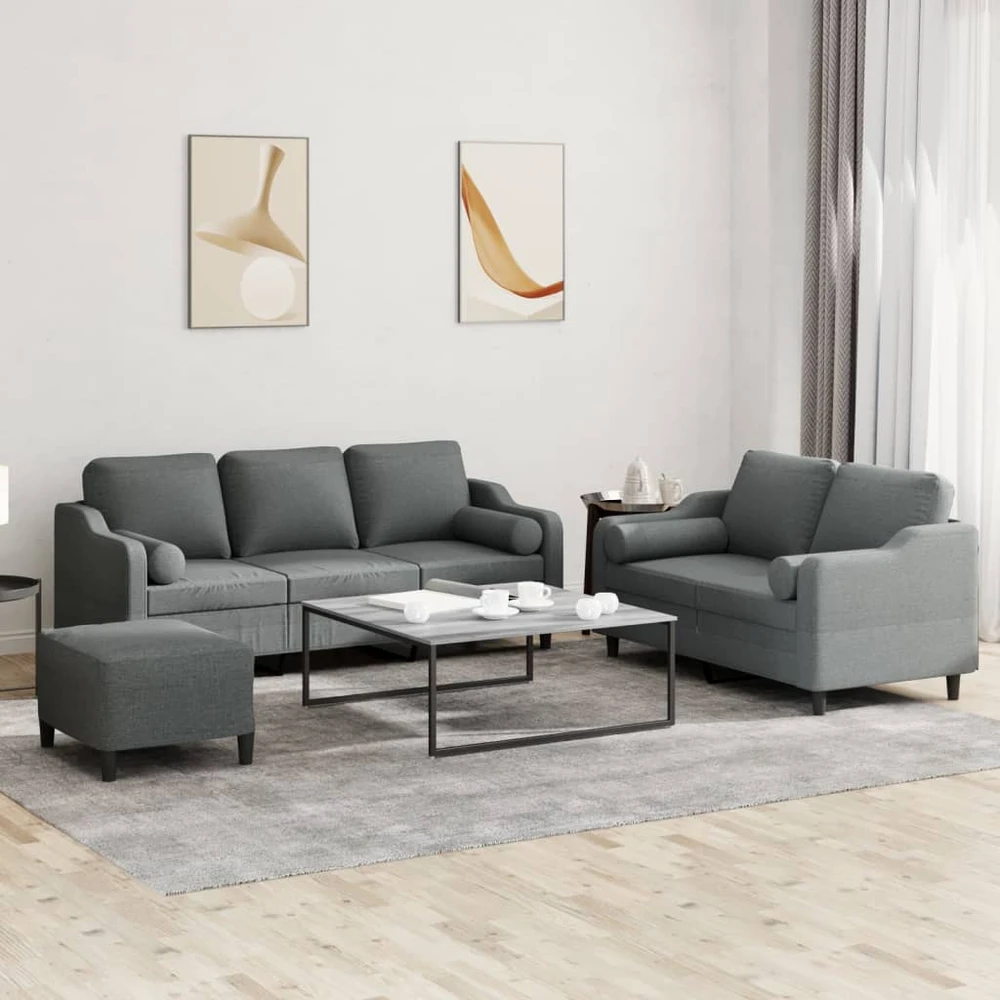Sofa Sofos komplektas su pagalvėmis, 3 dalių, pilkas, audinys