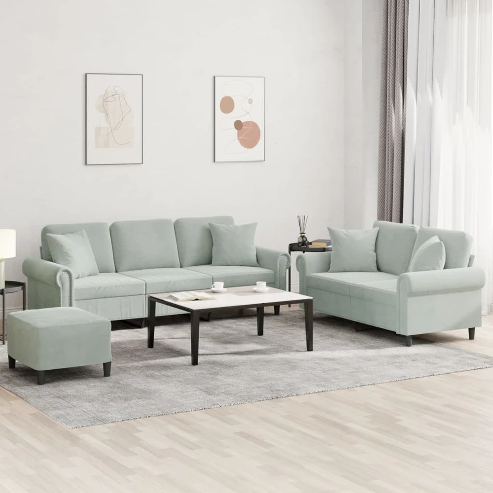 Sofa Sofos komplektas su pagalvėmis, 3 dalių, pilkas, aksomas