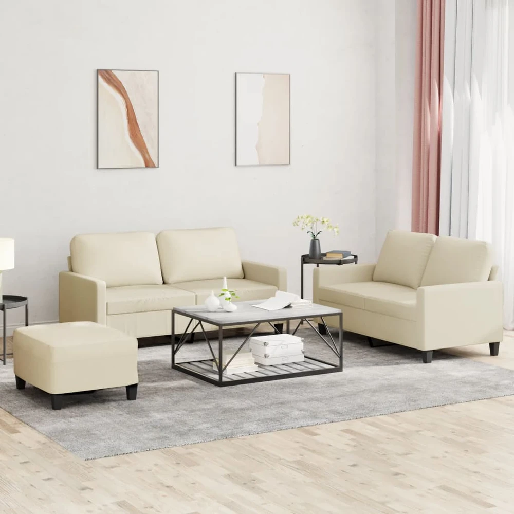 Sofa Sofos komplektas su pagalvėmis, 3 dalių, kreminis, dirbtinė oda